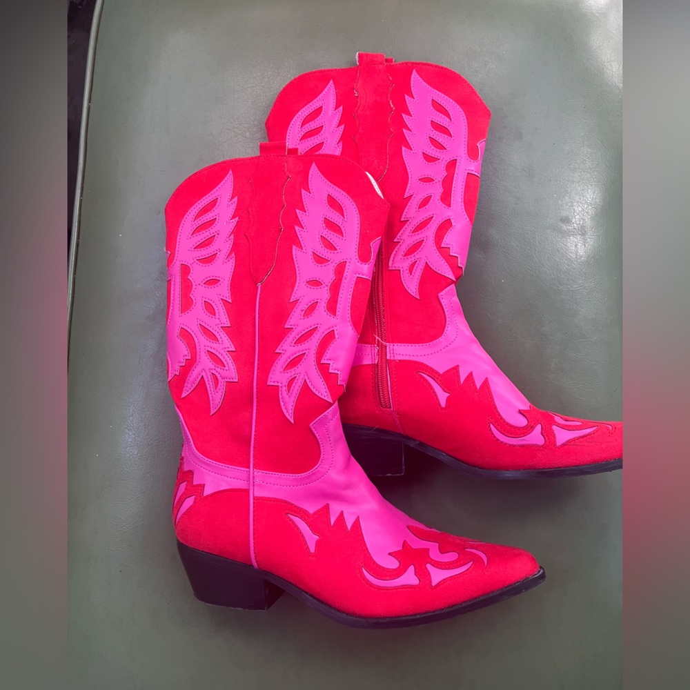 Red and Pink Suede Leather Cowgirl Cowboy Boots